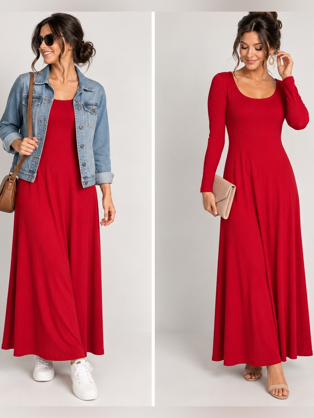 Old Navy Cotton Red Ribbed Fit & Flare Maxi Dress Long Sleeve Scoop Neck M